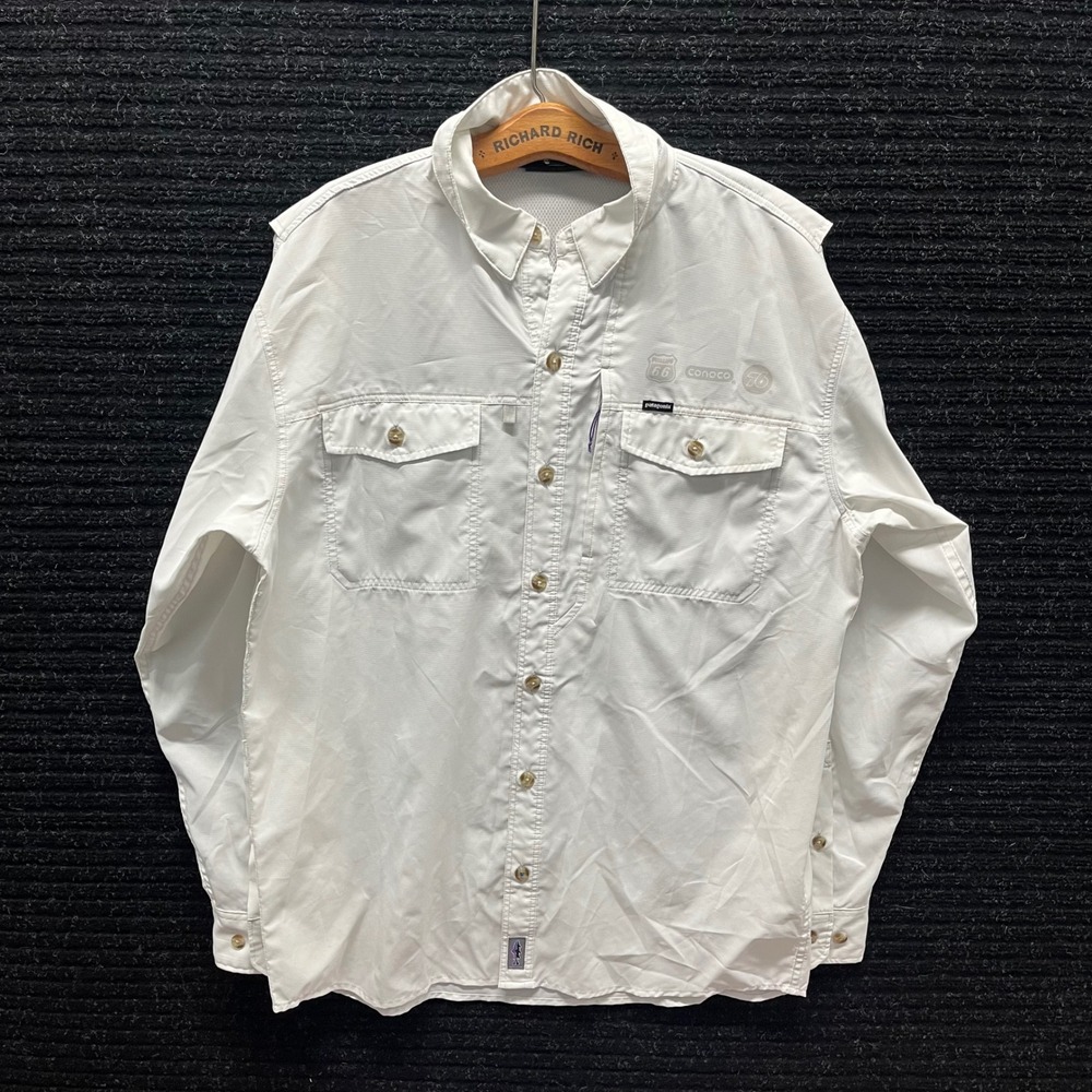 Patagonia Mens White Long Sleeve Fishing Shirt Phillips 66 Conoco 76 Ripstop M - Picture 2 of 9